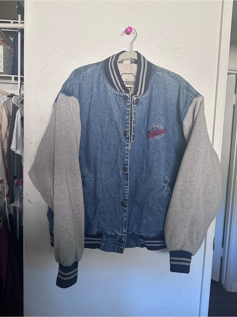 Men's Vintage 1990's Levi's Blue Denim bomber Jacket with Gray Sleeves